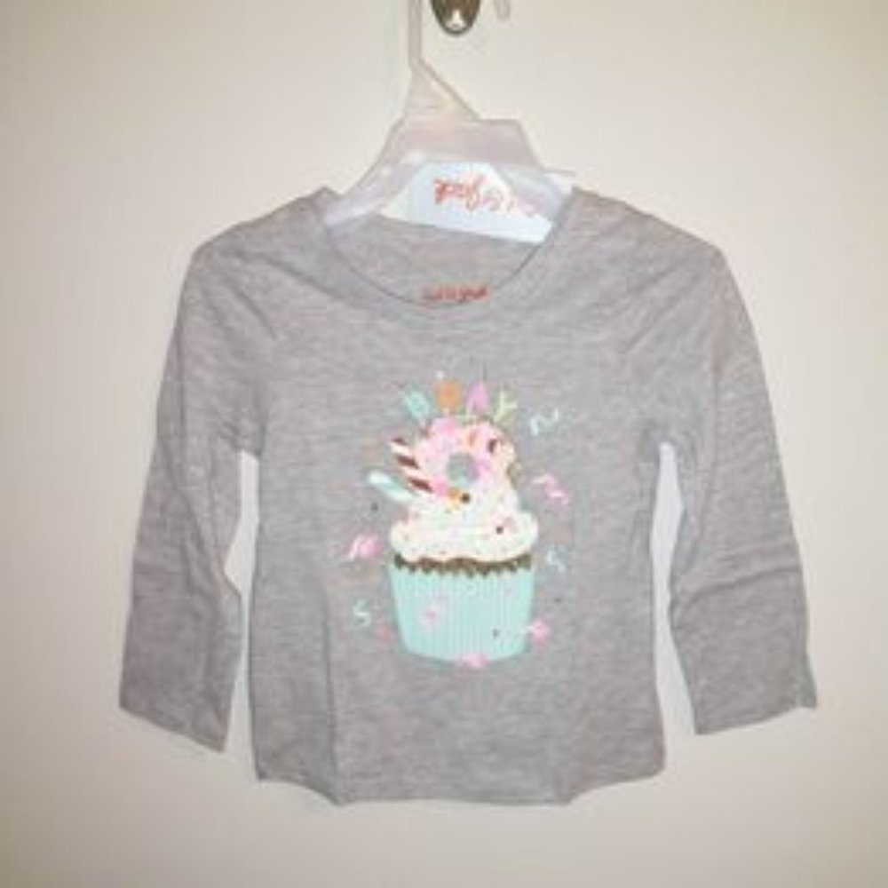 Cat & Jack toddler girl gray shirt BirthDAY cupcake size 2T K-078